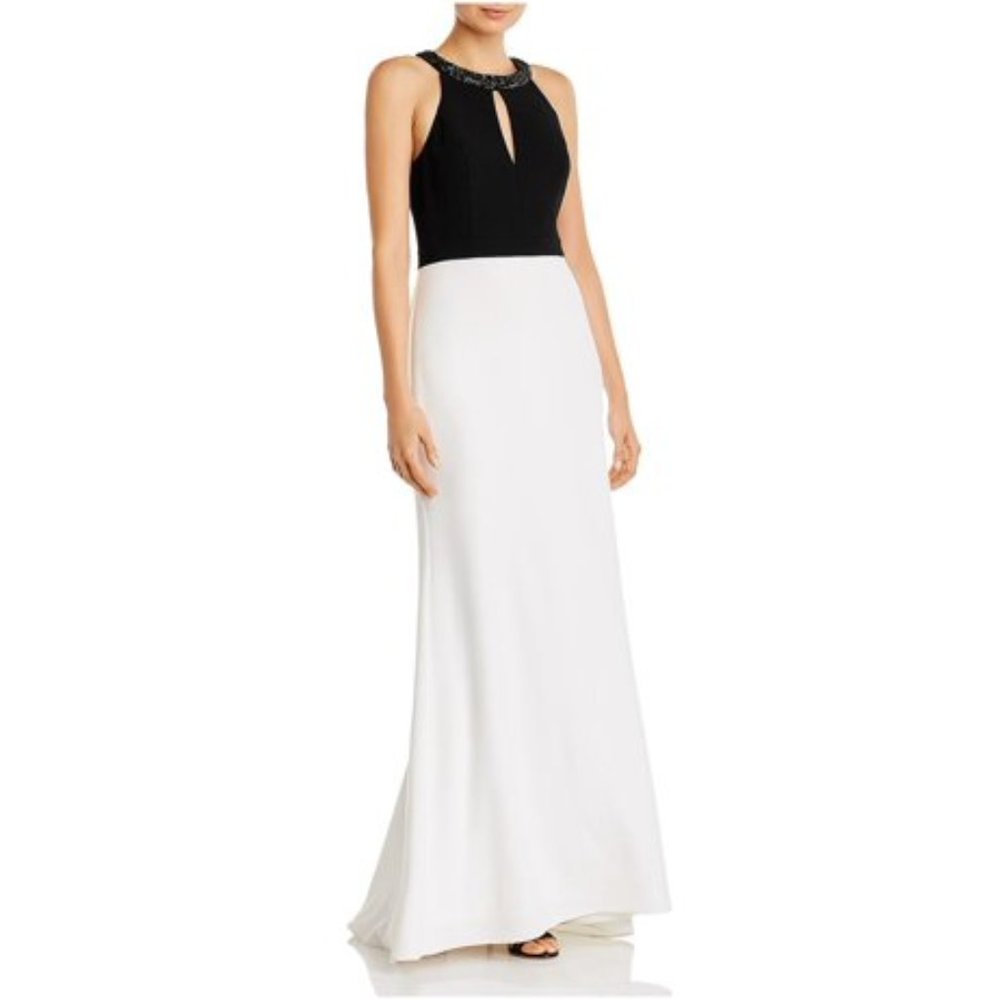 NWT Aidan Mattox Jewel-Embellished Halter Neck Keyhole Gown - Black/White